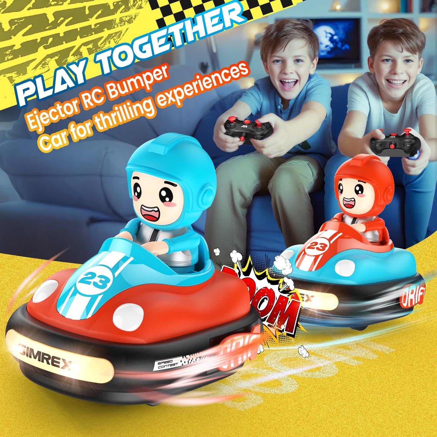 SIMREX Remote Control Bumper Car for Kids, RC Ejecting Bumper Vehicle for Kids, Toys with Light Music Sound, RC Battle Race Car Set of 2 Players, Gift for Toddler Boys and Girls