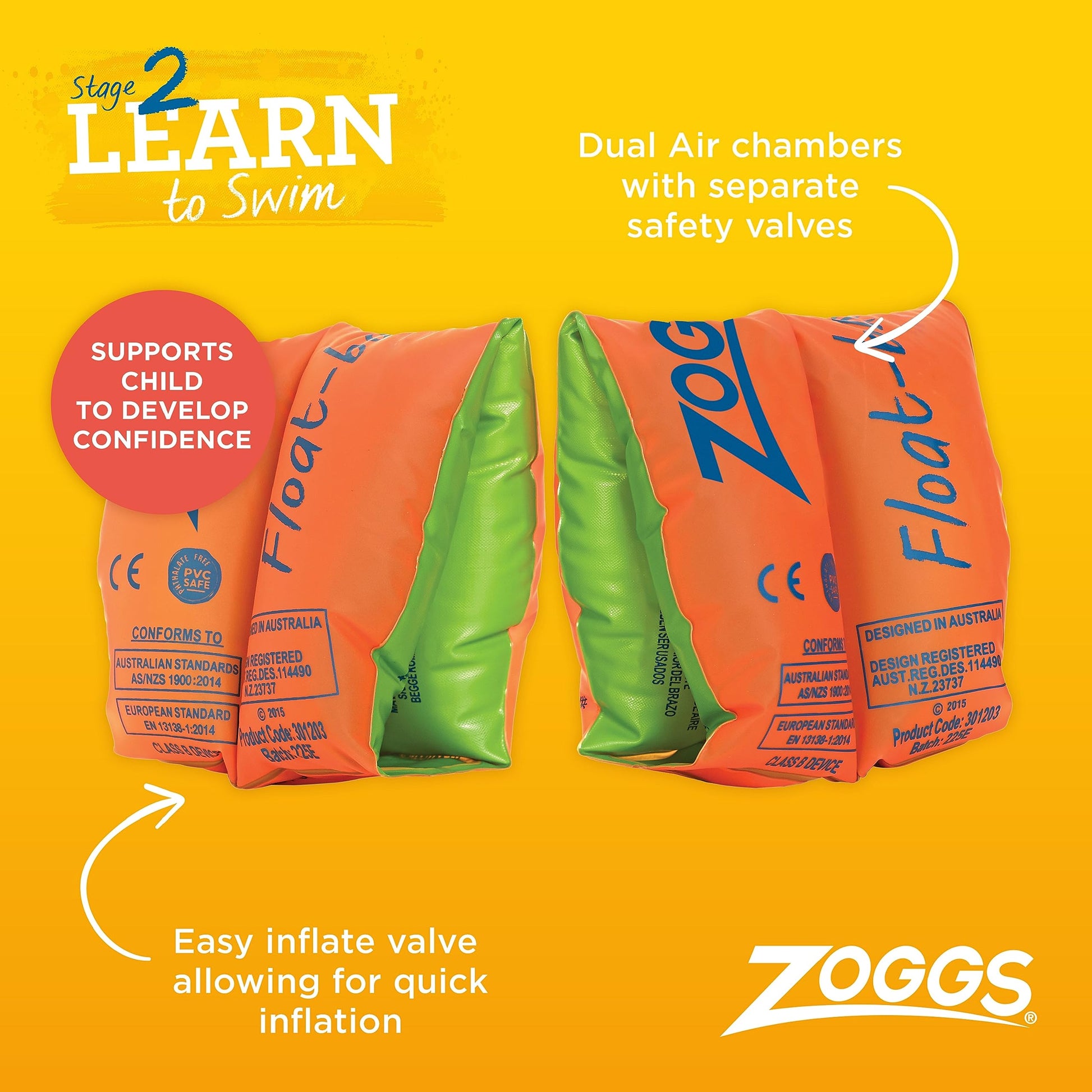 Zoggs orange float arm bands for children, suitable for ages 0-1 year, designed for swimming safety and support.