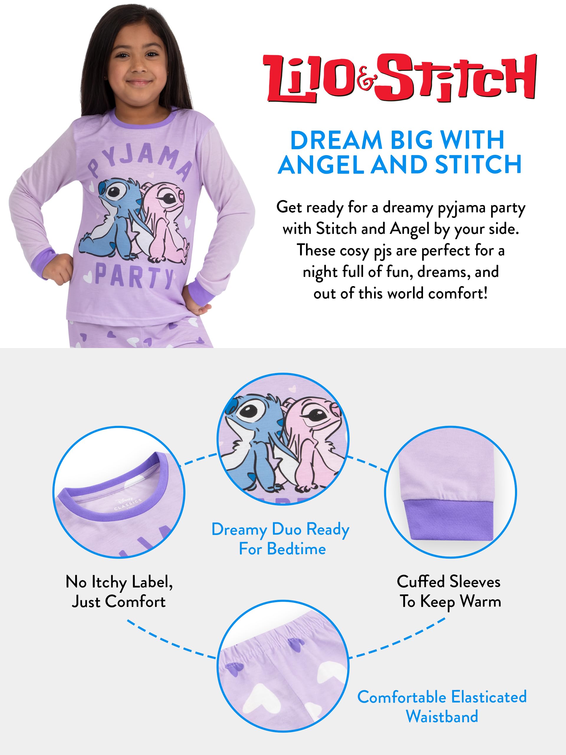 Disney Lilo and Stitch girls' matching purple pajamas featuring Stitch and Angel, perfect for mum and daughter matching PJs, size 6-7 years.