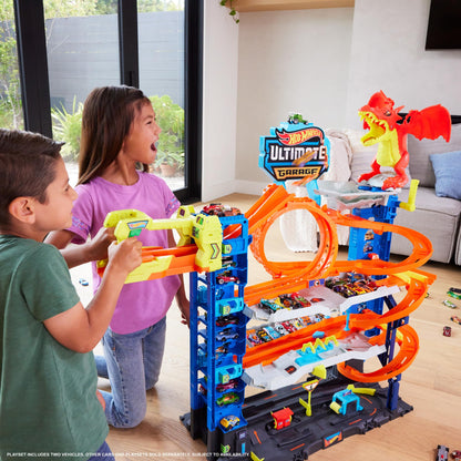 Hot Wheels City Ultimate Garage playset with 2 die-cast cars, 4 levels of track, and dragon challenge.