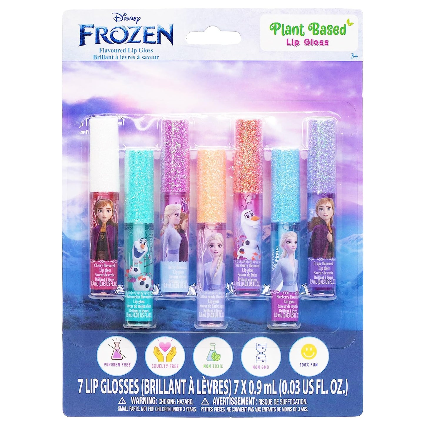 Disney Frozen lip gloss set by Townley Girl, featuring 7 plant-based glosses in vibrant colors for girls’ first makeup.
