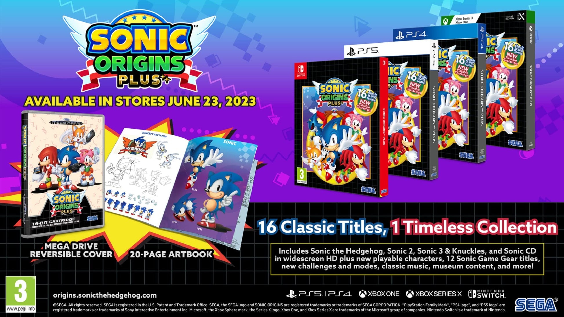 SEGA Sonic Origins Plus Switch game case with colorful cover art featuring Sonic the Hedgehog and classic characters.