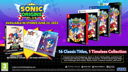 SEGA Sonic Origins Plus Switch game case with colorful cover art featuring Sonic the Hedgehog and classic characters.