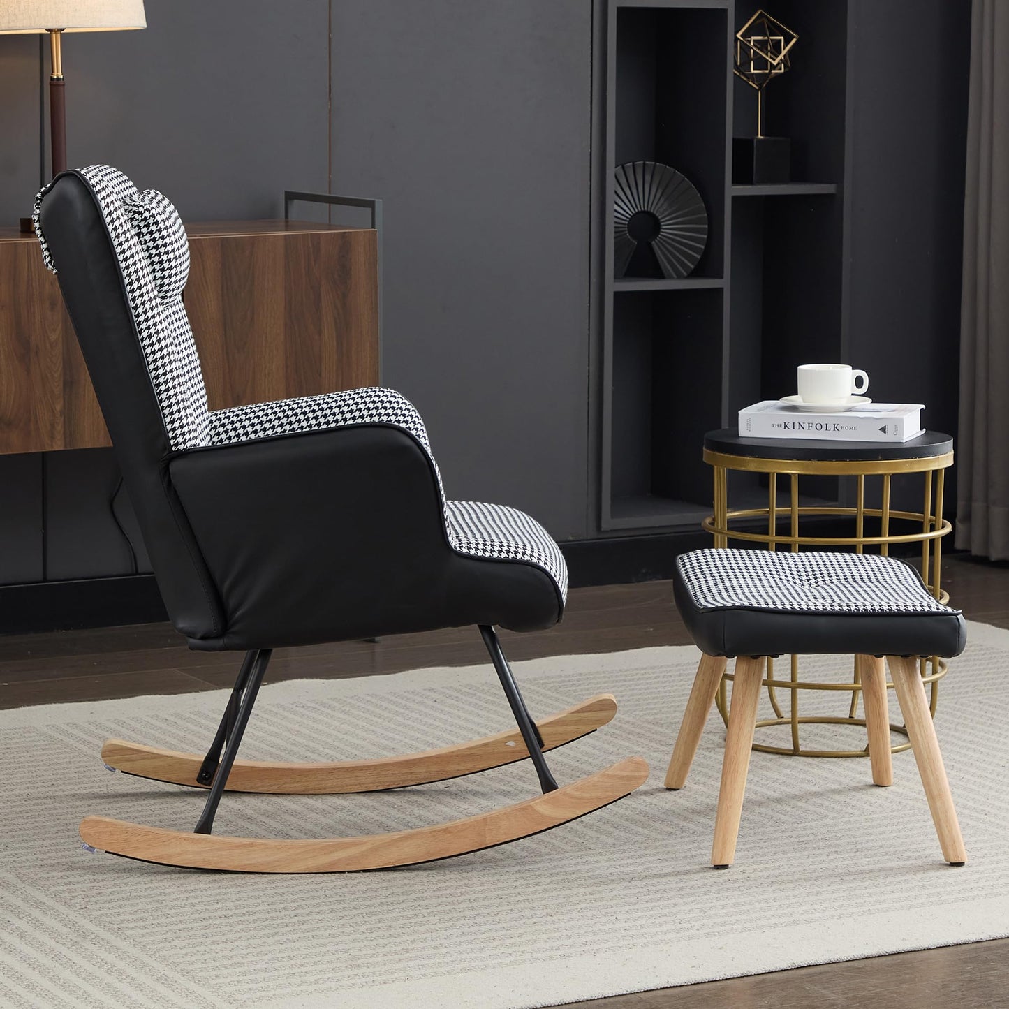 BTM nursery rocking chair with fabric upholstery, footstool, side pocket, high back, solid wood legs, ideal for living room or bedroom.