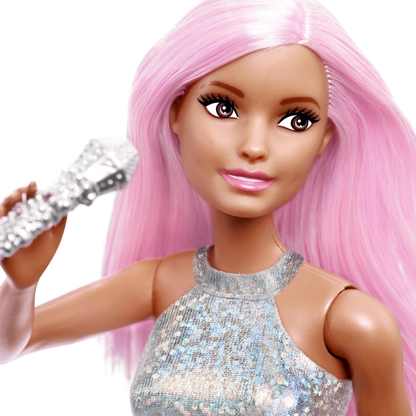 Barbie Pop Star Doll wearing an iridescent skirt, holding a microphone, with vibrant pink hair, ideal for young kids.