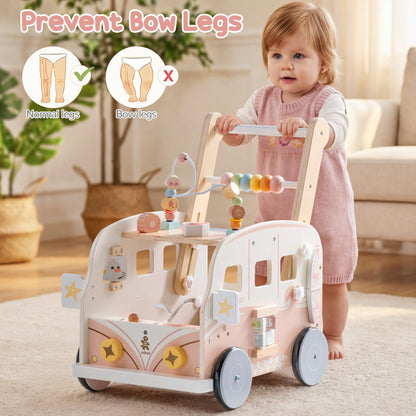 ROBUD Wooden baby walker with tropical beach bus design, adjustable height, interactive push toy for toddlers learning motor skills.