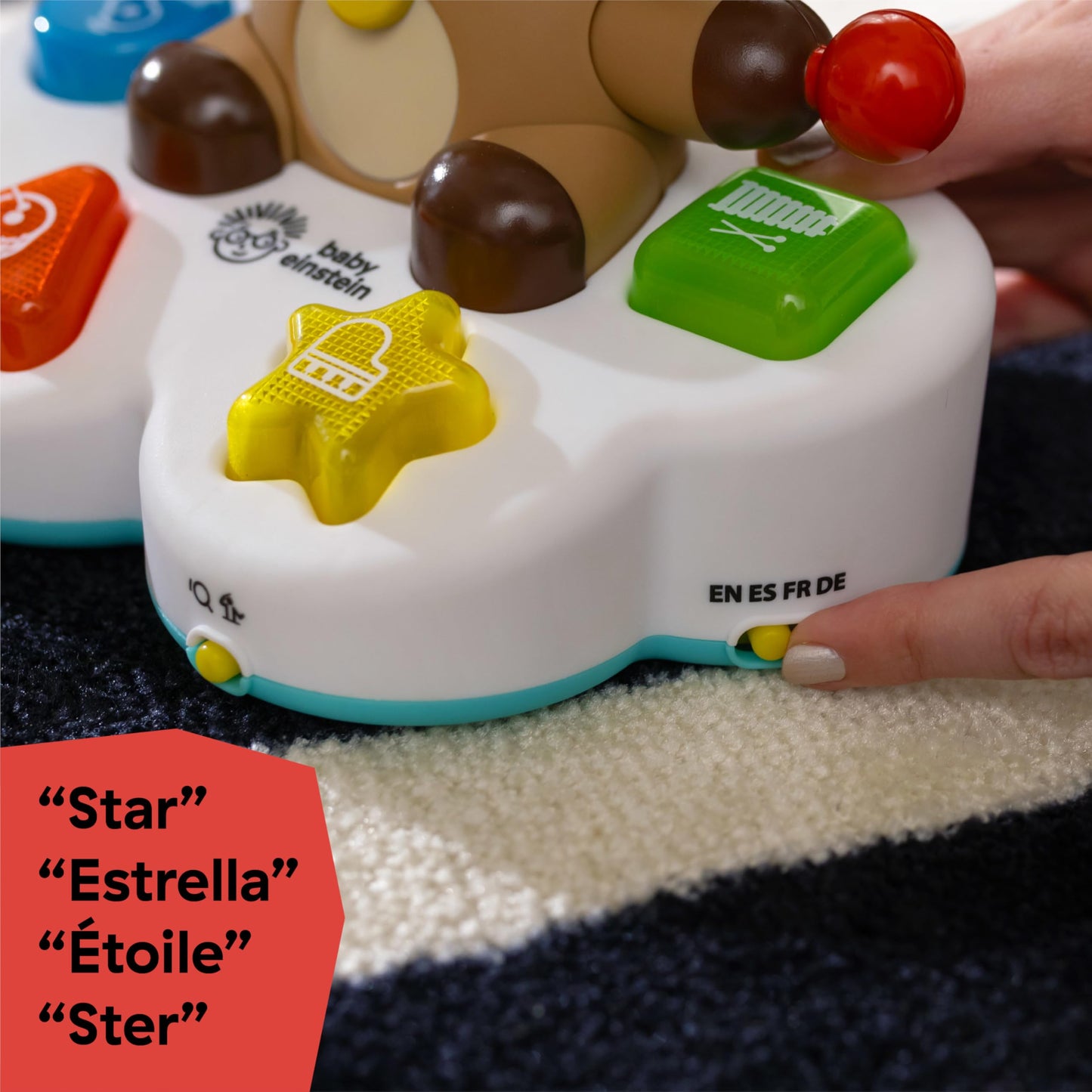 Baby Einstein Drum & Learn Dean musical learning toy for babies 6 months and up, featuring colorful drums and multisensory features.
