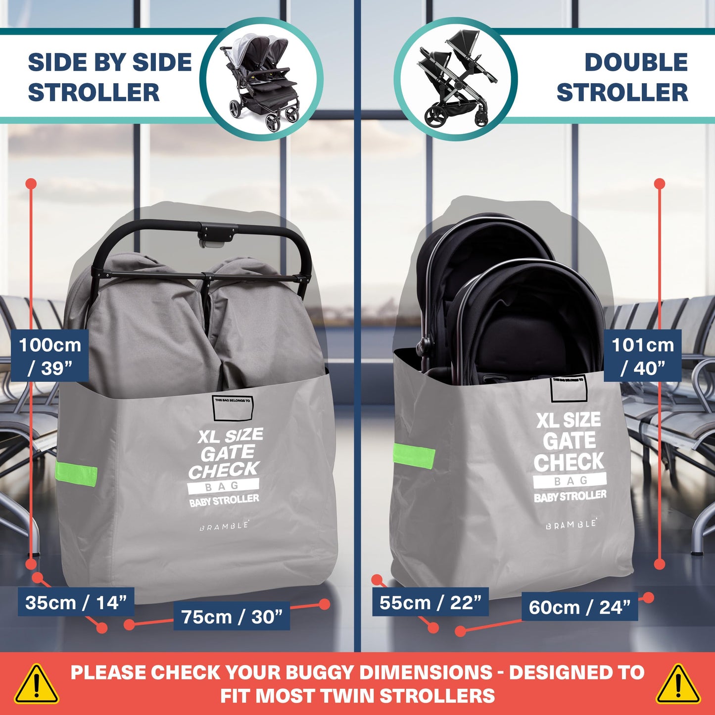 Bramble - XL Stroller Bag for Airplane - Extra Large Pram Bag for Airplane Travel - Water Resistant Double Pushchair Buggy Cover for Gate Check (Grey)