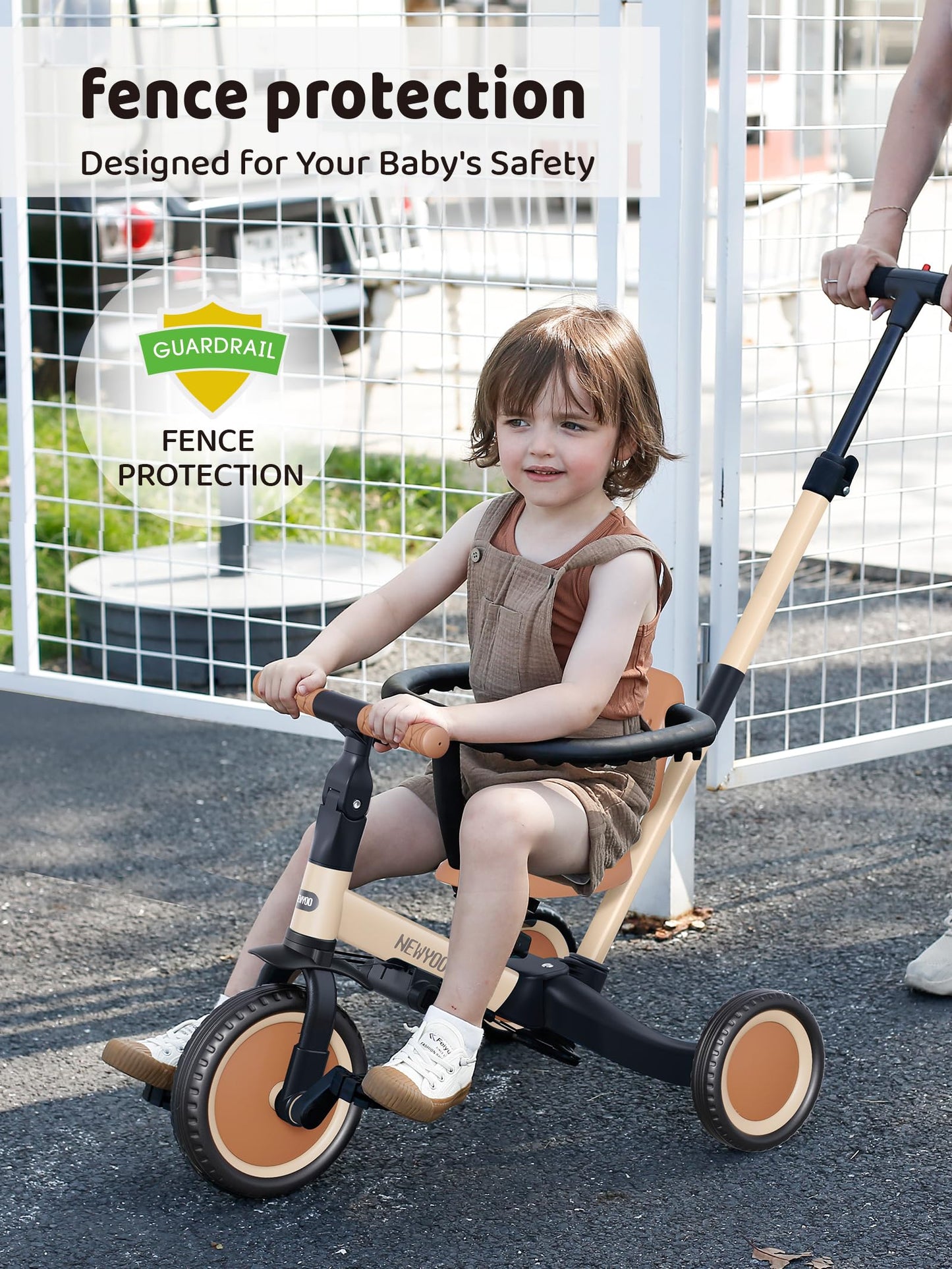 newyoo Toddler Trike with Parent Handle for 1-3 year old, Toddler Bike, Baby Balance Bike, Birthday Gift & Ride-On Toy for Boy & Girl, 5 in 1 Kids Tricycle with Safety Guard, TR008, Khaki