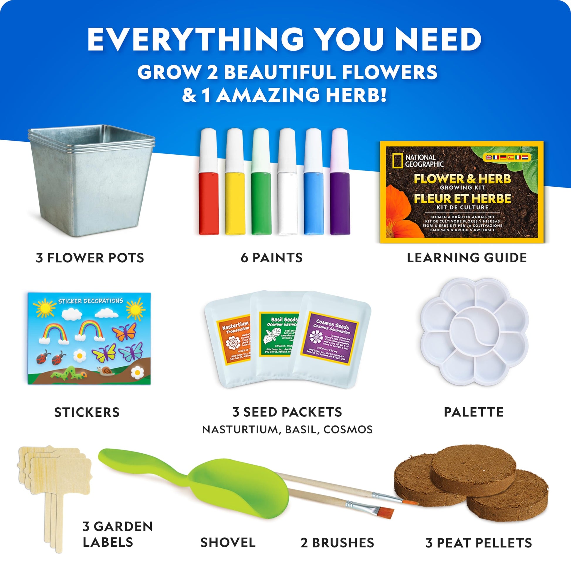 National Geographic kids flower and herb gardening kit with 3 stainless steel pots, paint, stickers, and plant growing tools by Blue Marble.