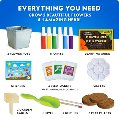 National Geographic kids flower and herb gardening kit with 3 stainless steel pots, paint, stickers, and plant growing tools by Blue Marble.