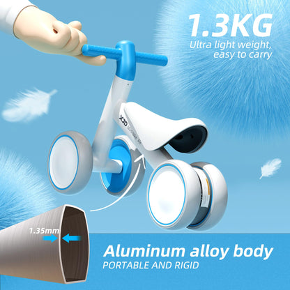 Cyan XJD baby balance bike for toddlers, designed for 10-24 months, featuring no pedals and a stable ride-on design.