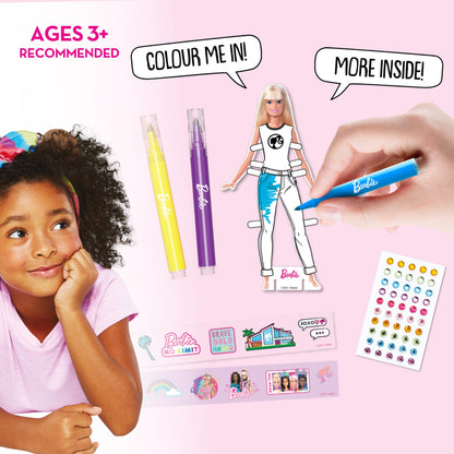 BLADEZ Barbie Bumper Activity Set with 300+ pieces, featuring pens, stickers, and a color-in camper van for arts and crafts.