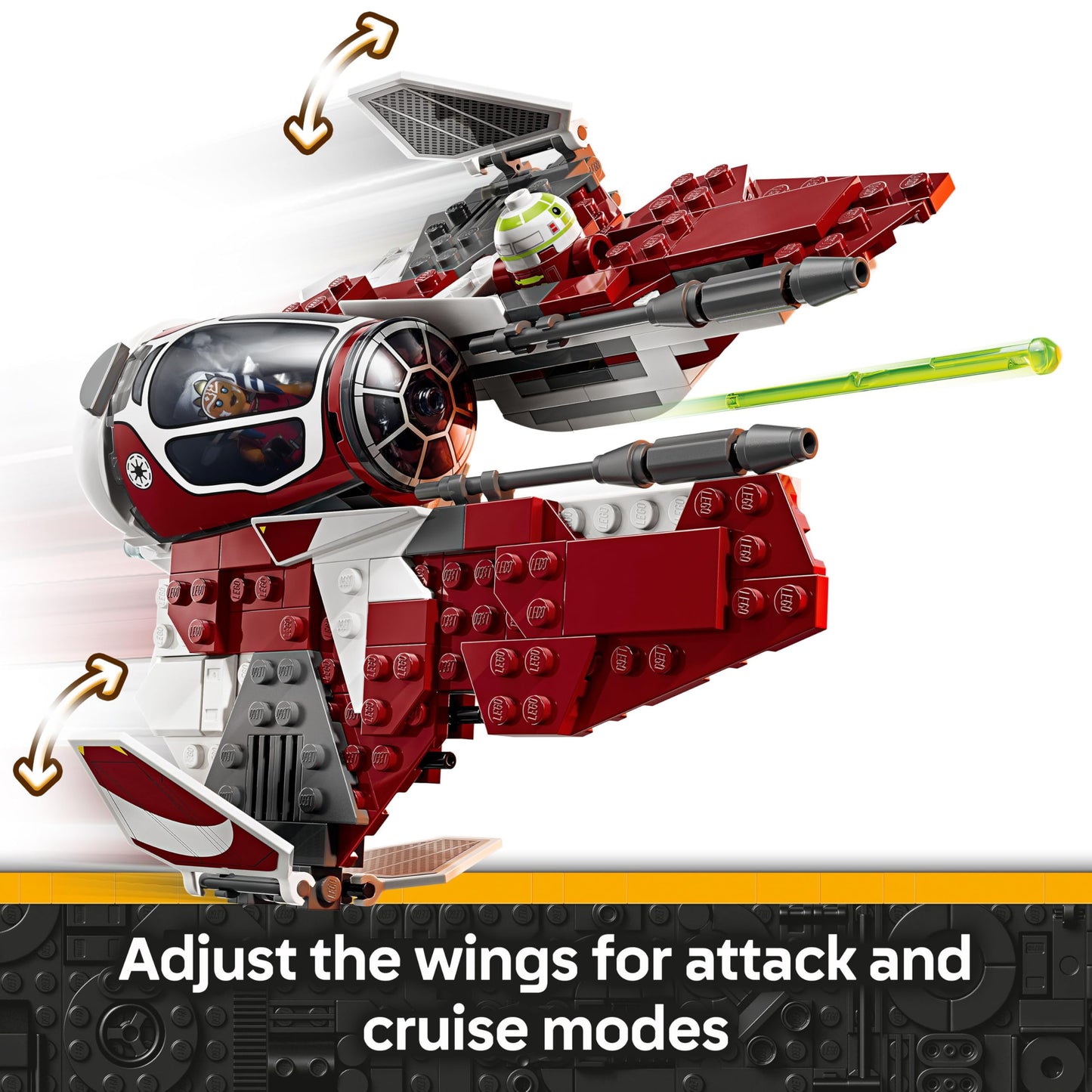 LEGO Star Wars Ahsoka’s Jedi Interceptor with Anakin minifigure, R7-A7 droid, and lightsabers for imaginative play.