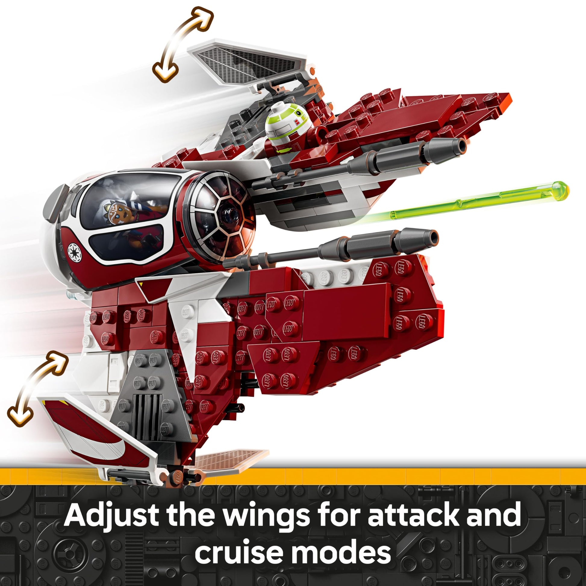 LEGO Star Wars Ahsoka’s Jedi Interceptor with Anakin minifigure, R7-A7 droid, and lightsabers for imaginative play.