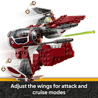 LEGO Star Wars Ahsoka’s Jedi Interceptor with Anakin minifigure, R7-A7 droid, and lightsabers for imaginative play.