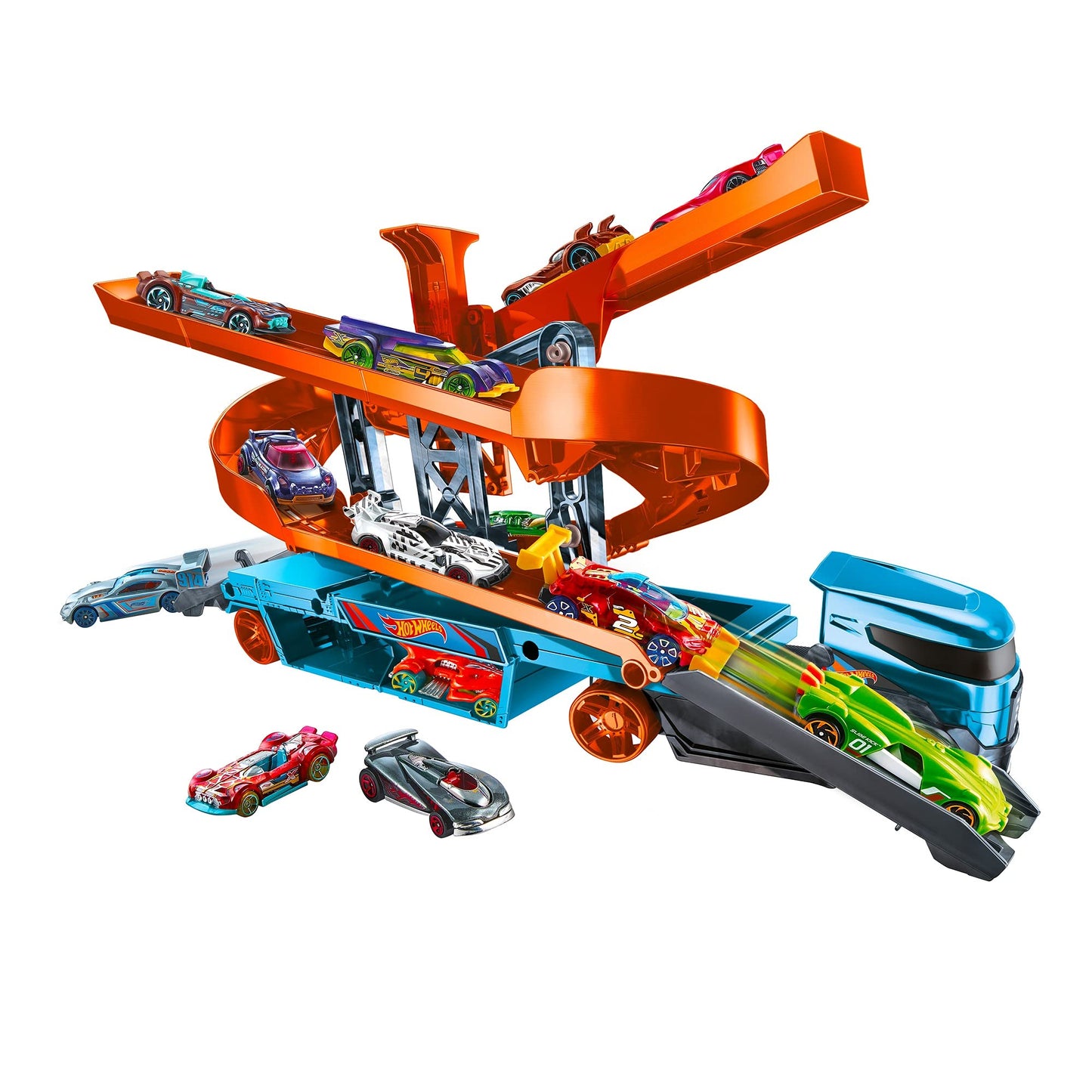 Hot Wheels City Lift & Launch Hauler Vehicle with Storage for Up to 20 1:64 Cars, Lift and Launch Feature and 1 Hot Wheels Car, for 3 Year Olds and Up