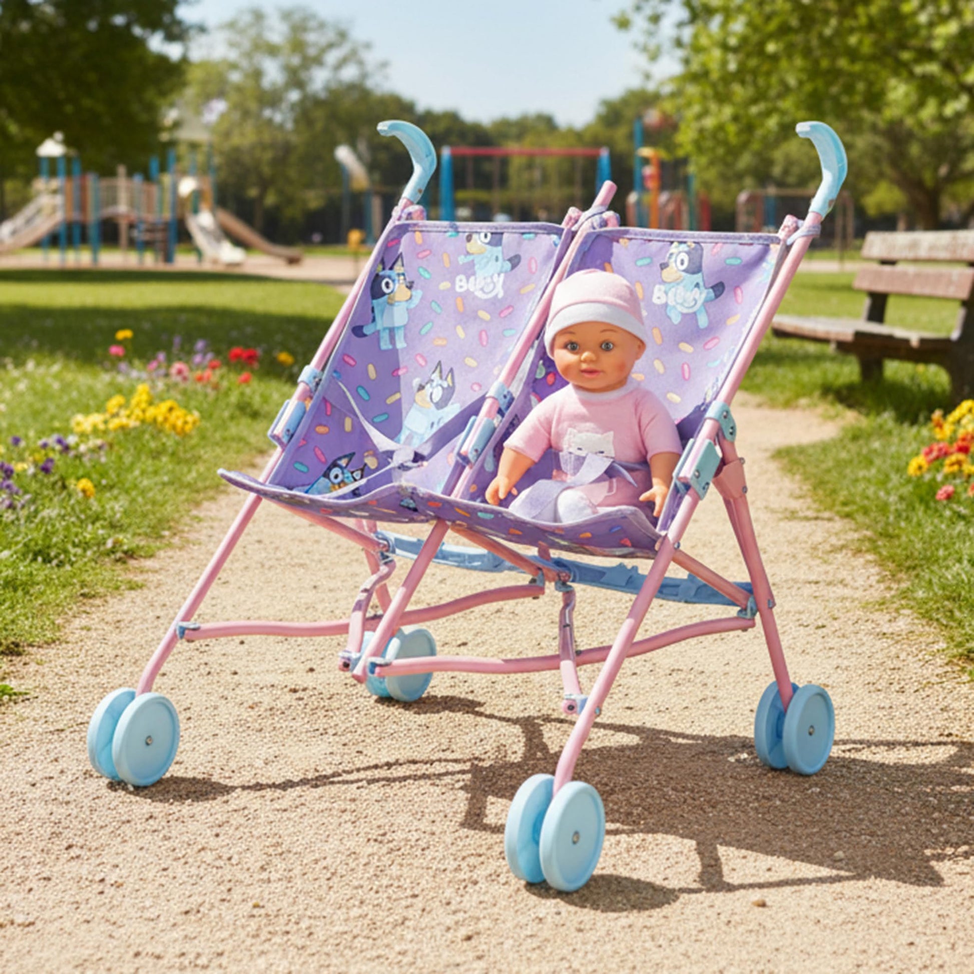 Bluey Buddy Buggy stroller by HTI, lightweight double toy pram with bluey print, foldable umbrella, perfect for kids’ dolls ages 2+.