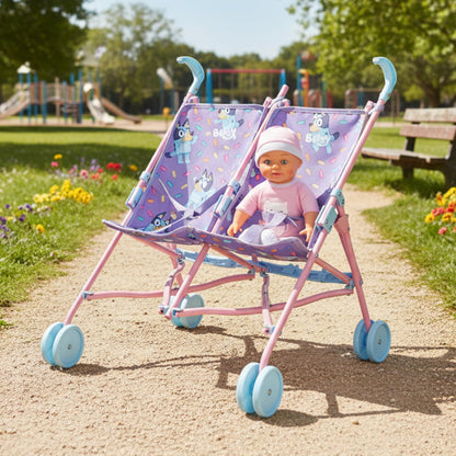 Bluey Buddy Buggy stroller by HTI, lightweight double toy pram with bluey print, foldable umbrella, perfect for kids’ dolls ages 2+.