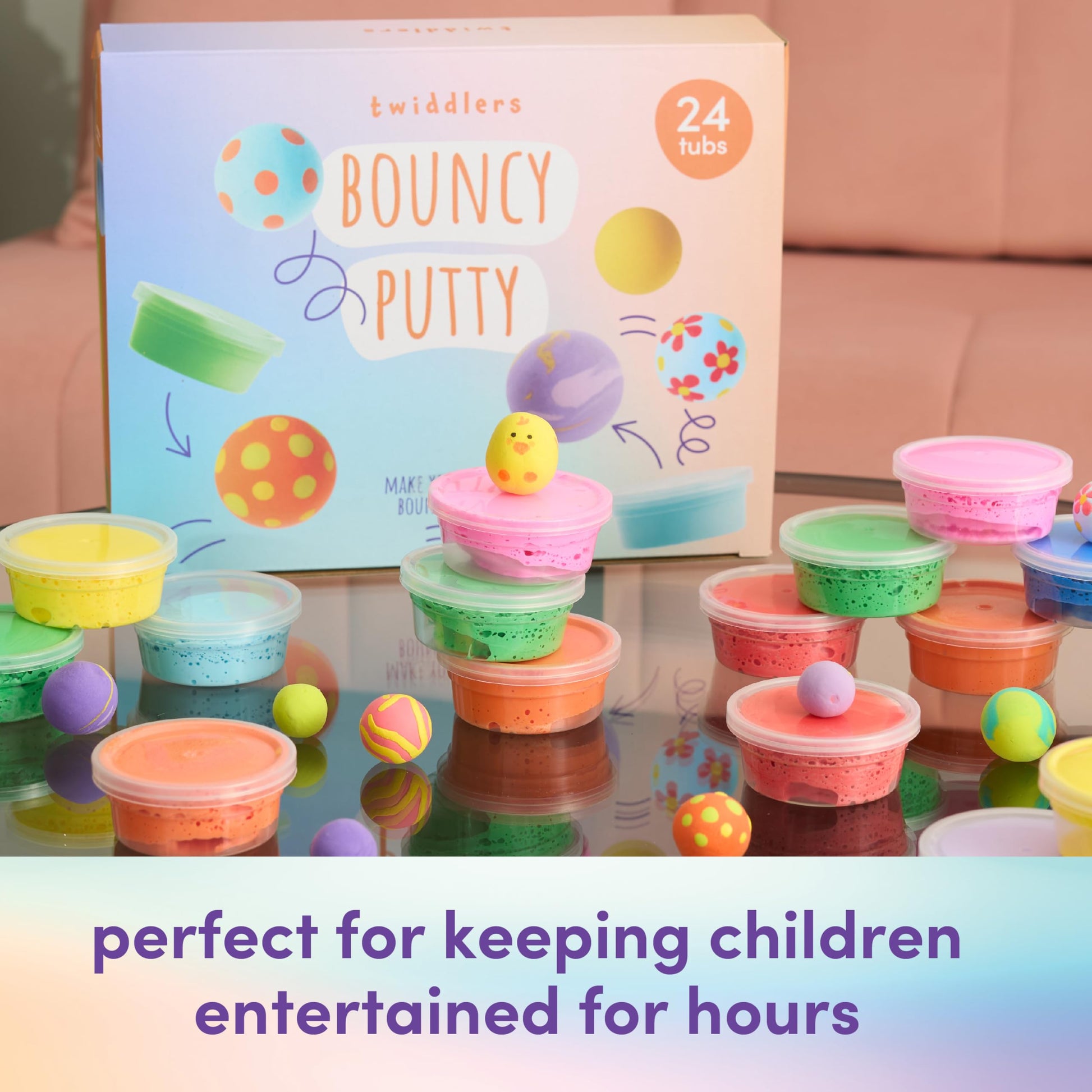 Colorful bouncing slime putty tubs by THE TWIDDLERS, featuring vibrant, bouncy slime in multiple tubs for kids’ party favors and fidget fun.