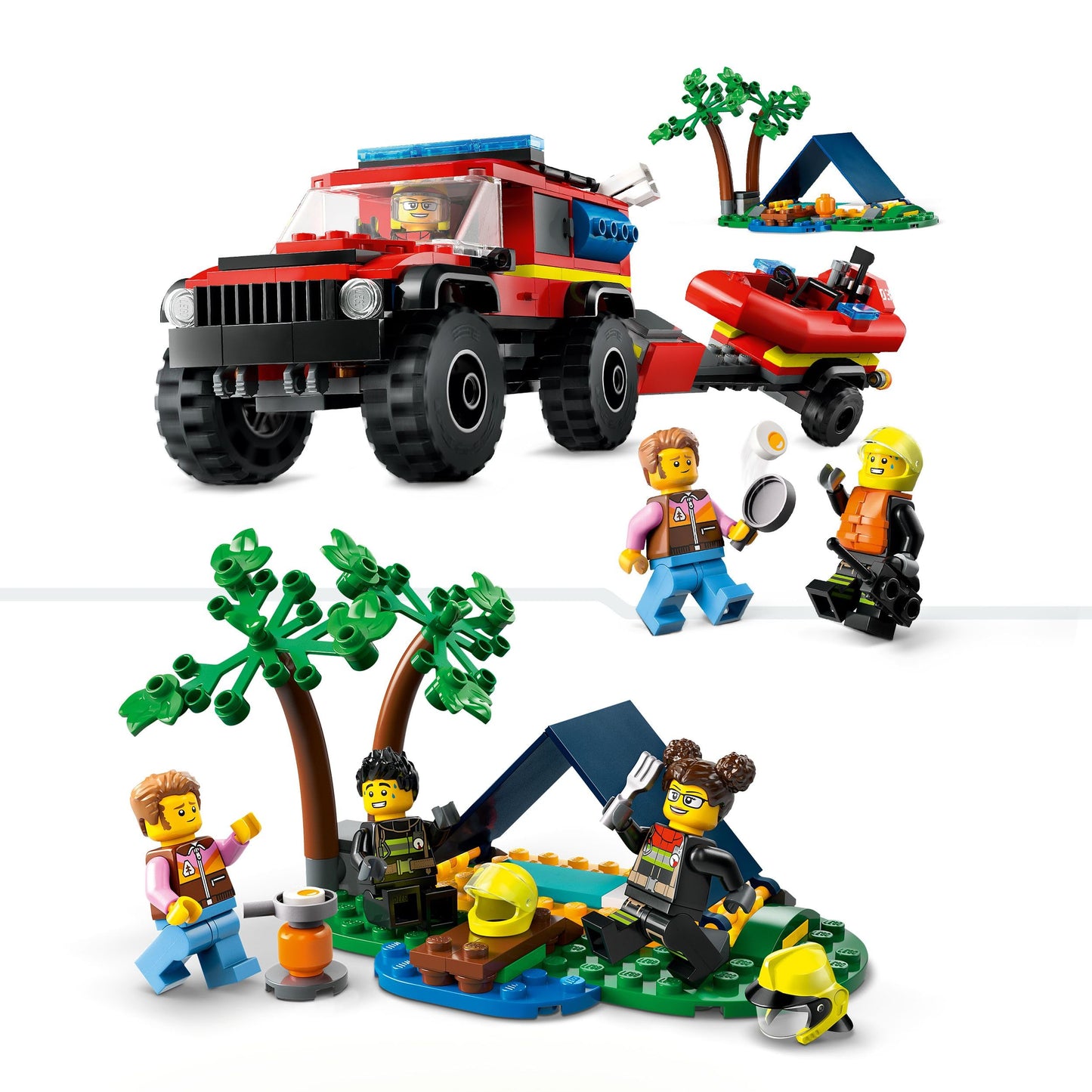 LEGO City 4x4 Fire Engine set with dinghy, trailer, tent, camper, and two firefighter minifigures for imaginative play.