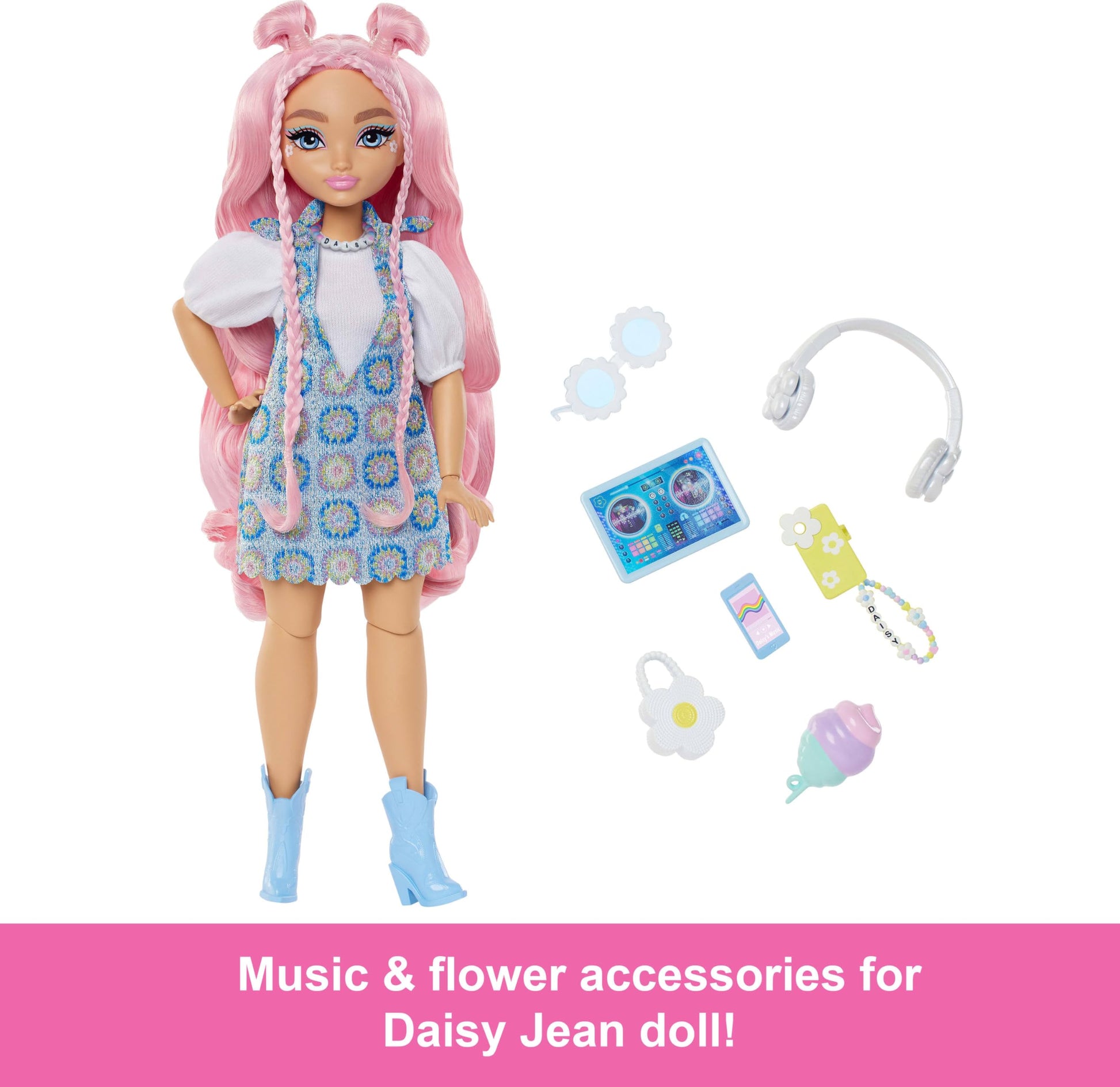 Barbie Dream Besties Daisy Jean fashion doll with wavy pink hair, removable outfits, and DJ-themed accessories.