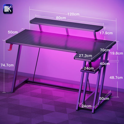 ODK Gaming Desk with LED Lights & Power Outlets, 120CM Computer Desk with Monitor Stand, Corner Desk with Hook & Storage, L Shaped Gaming Desk Carbon Fiber Black