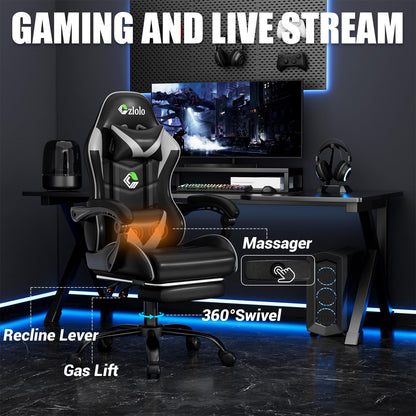 Grey Czlolo gaming chair with massage feature, lumbar support, headrest, footrest, recline, linkage armrests, ideal for gamers.
