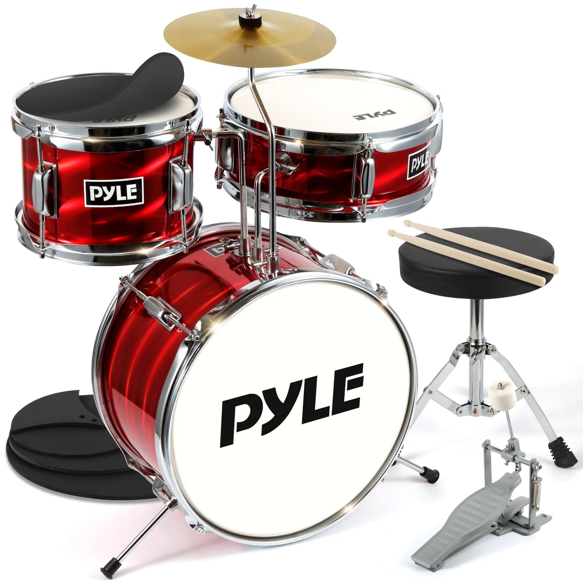 Pyle kids drum kit with wooden shells, bass pedal, snare, tom, cymbal, adjustable seat, and lightweight drumsticks for children ages 5-7.