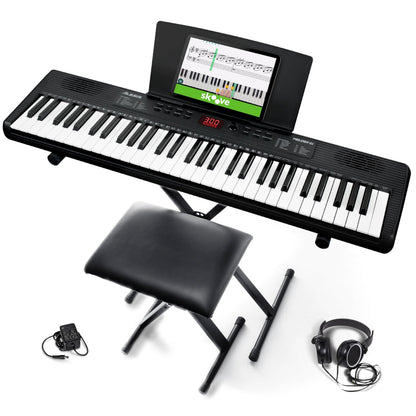 Alesis Melody 61 keyboard piano with 61 keys, built-in speakers, stand, bench, headphones, and tablet/music stand for beginners.