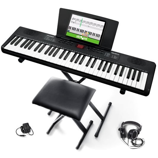 Alesis Melody 61 keyboard piano with 61 keys, built-in speakers, stand, bench, headphones, and tablet/music stand for beginners.