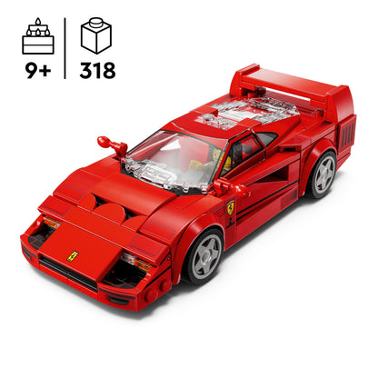 LEGO Speed Champions Ferrari F40 supercar model with driver minifigure, ideal for kids' bedroom decoration.