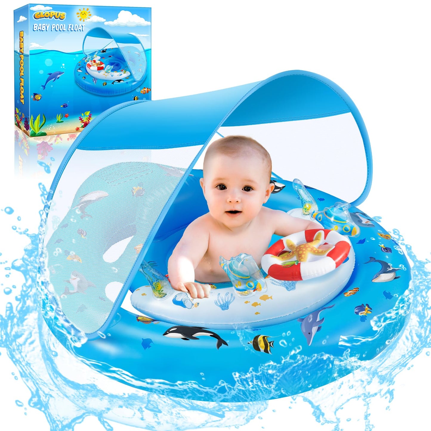 GLOPUS Baby Swimming Float, Baby Pool Float with Canopy, Inflatable Baby Swim Float, Toddler Pool Swimming Float for 6-36 Months, Adjustable Safety Seat, UPF 50+ Sun Protection Roof & Toy