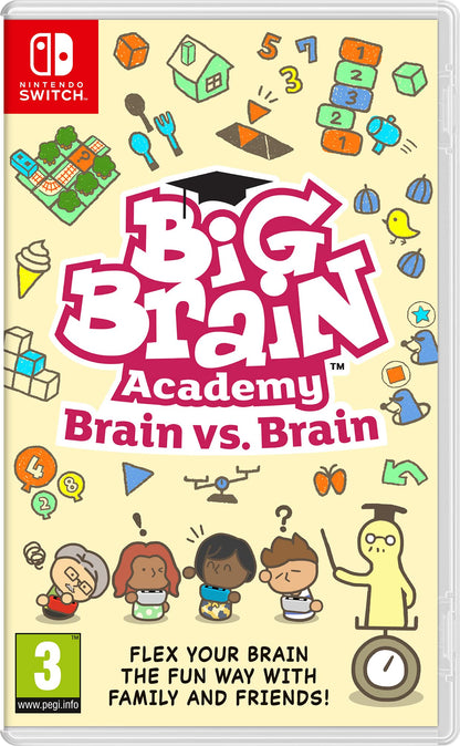 Nintendo Big Brain Academy: Brain vs Brain Nintendo Switch game cartridge with colorful cover art featuring brain icons and game title.