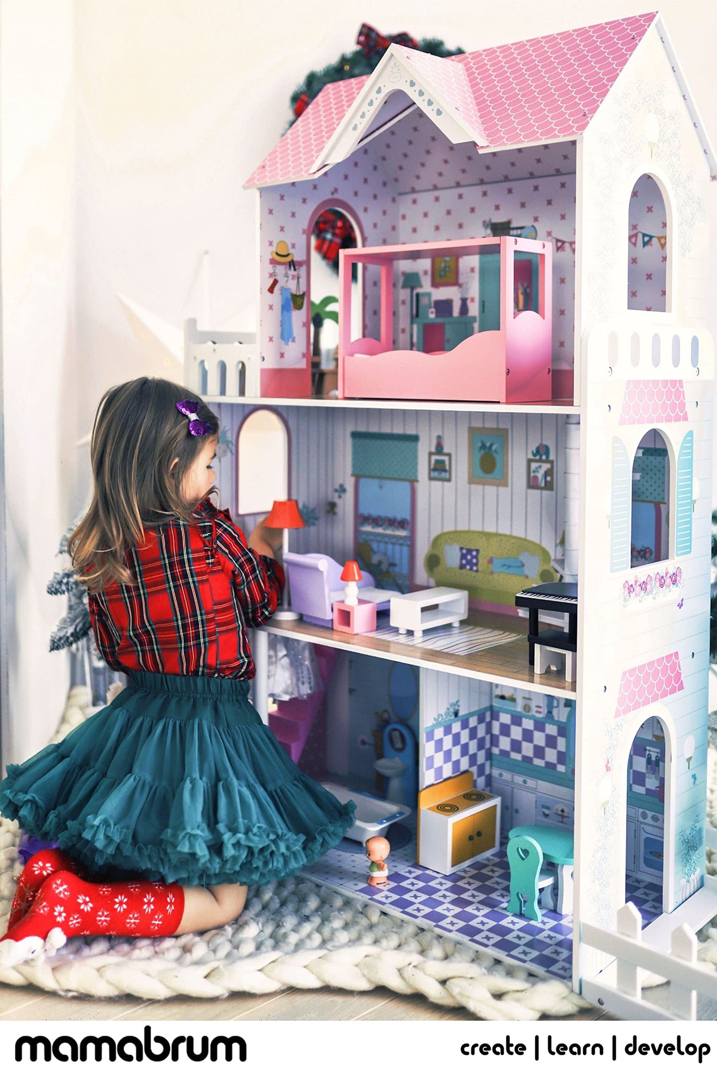 Mamabrum Wooden Dolls House XXL with Terrace Garden, LED Lights, Furniture & Accessories Included, 3-Storey Houses & Wooden Sweet Playhouse with Painted Roof & Walls for Little Girls, Rose/Light Blue