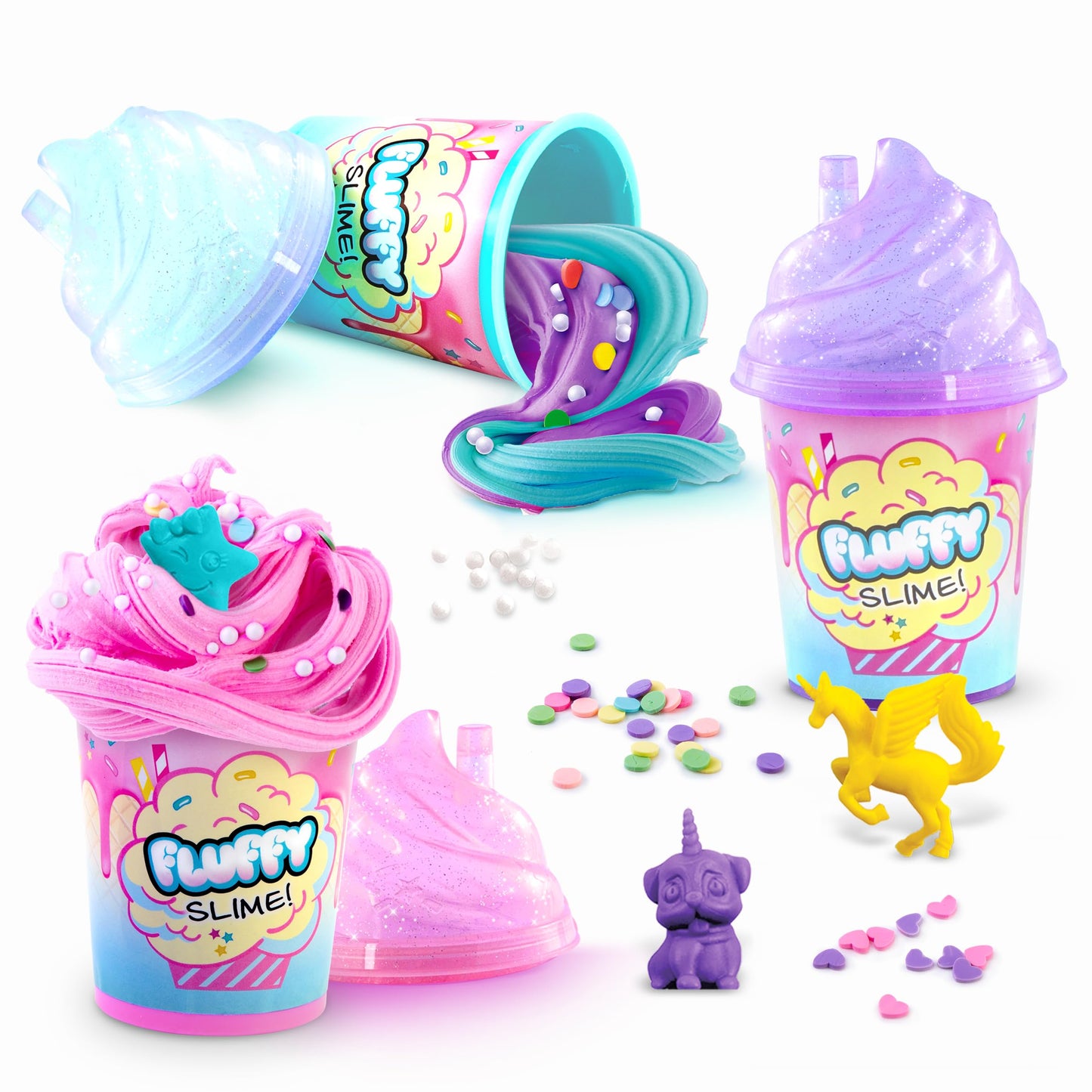 Three pots of fluffy slime with glitter confetti and mini surprise figurine, from Canal Toys So Slime Set for children aged 6 and above.