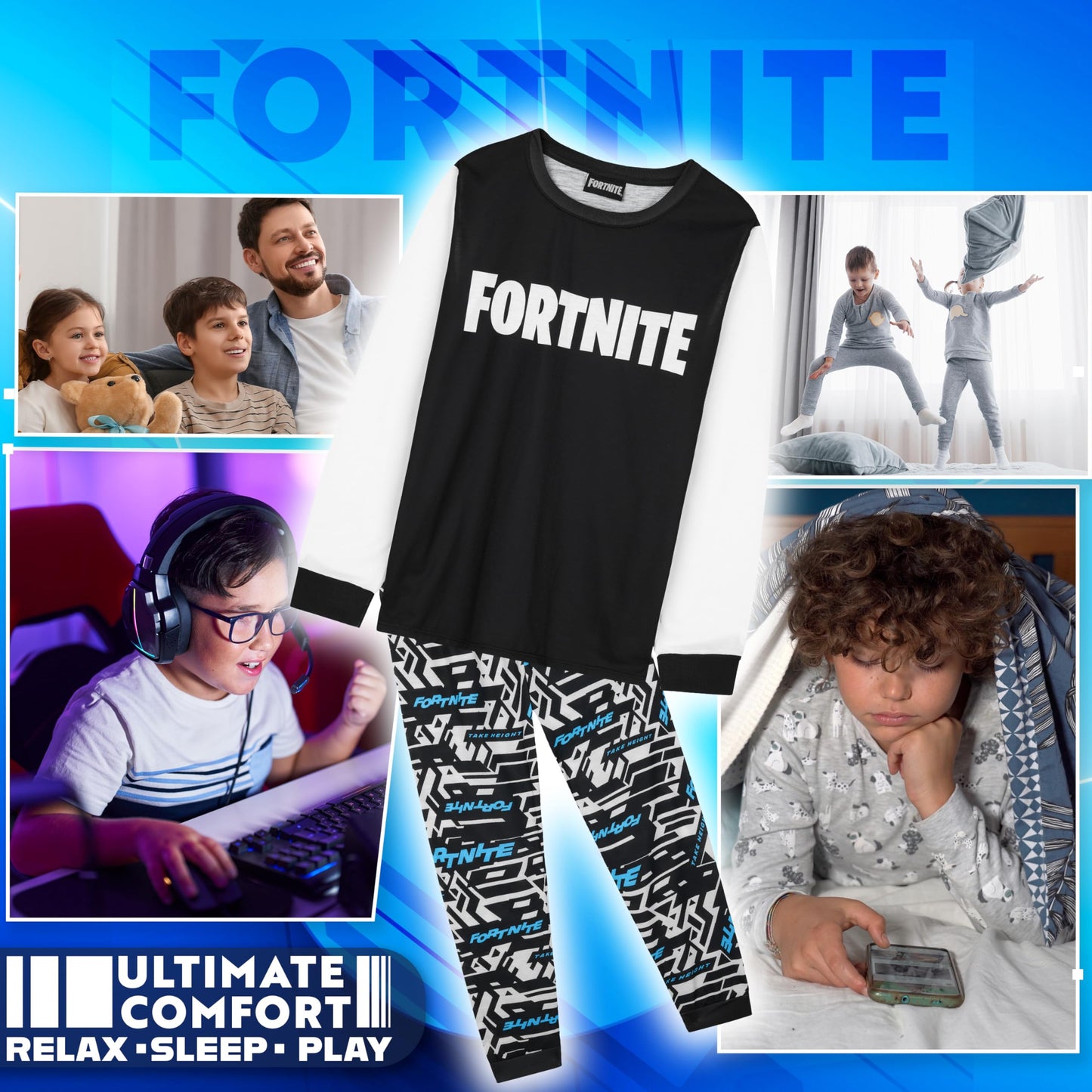 Get Trend Fortnite Boys Pyjamas Set, Long PJs for Kids & Teenagers, Cosy Loungewear Soft Nightwear, Gamer Gifts for Boys (15-16 Years, Blue/White Fortnite)