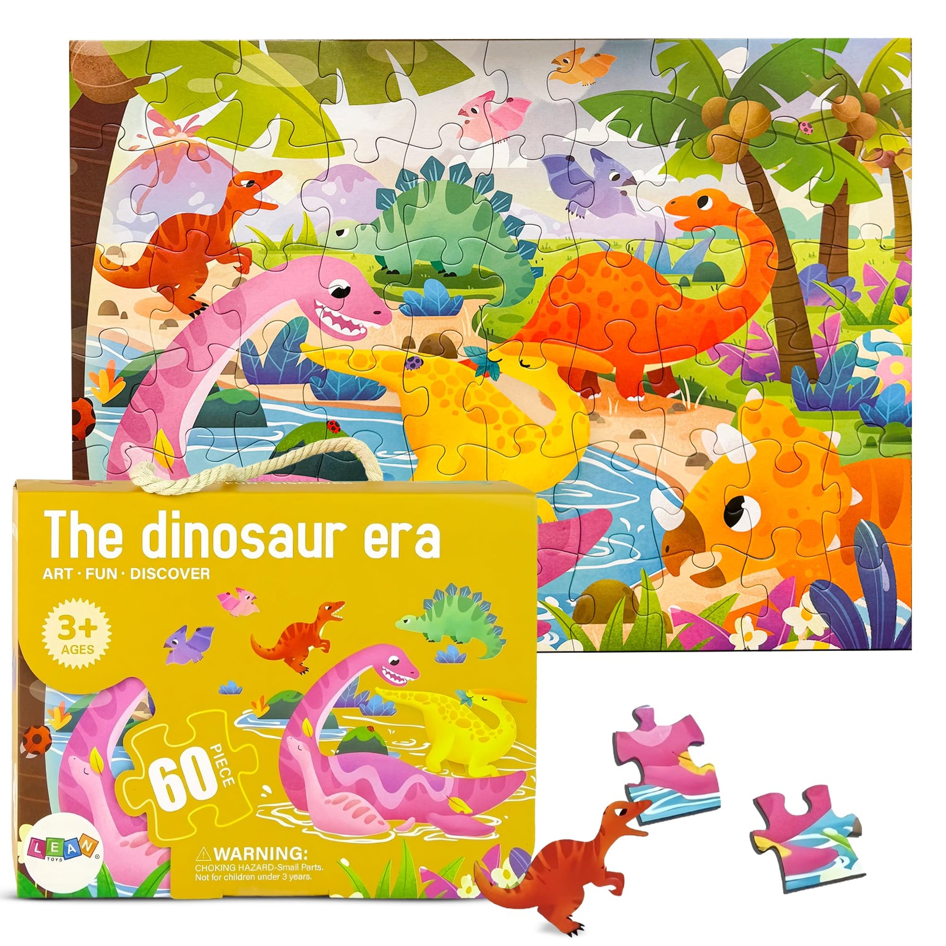 Colorful dinosaur puzzle for kids, 60-piece Montessori floor puzzle showing various dinosaurs, ideal for children ages 3 to 8.
