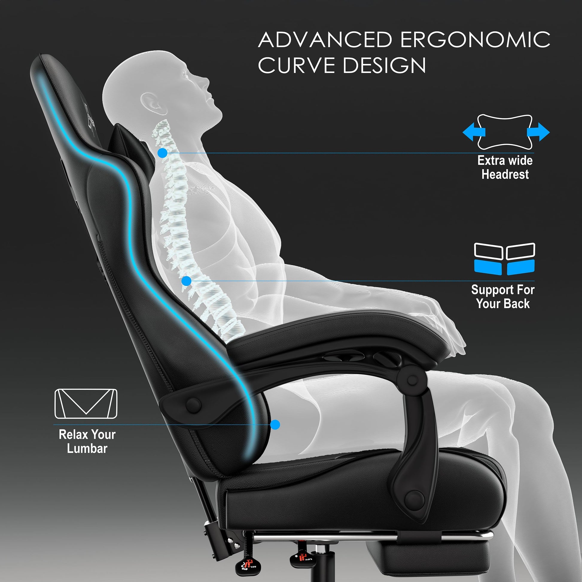 Black Blisswood gaming chair with ergonomic design, high back, headrest, lumbar support, footrest, and height adjustment for gamers.