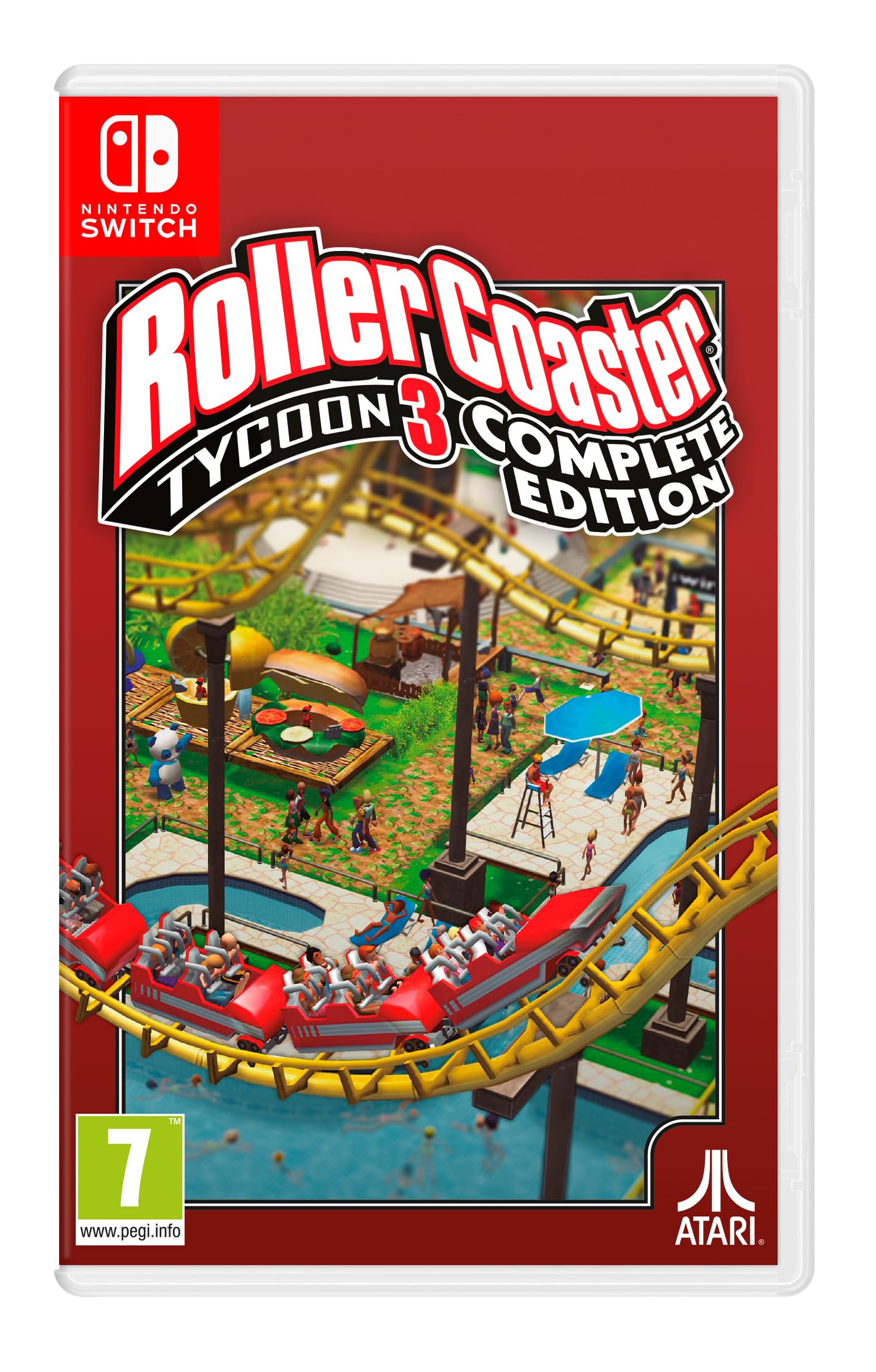 Atari RollerCoaster Tycoon 3 Complete Edition game for Nintendo Switch, showing colorful game cover with roller coaster design.
