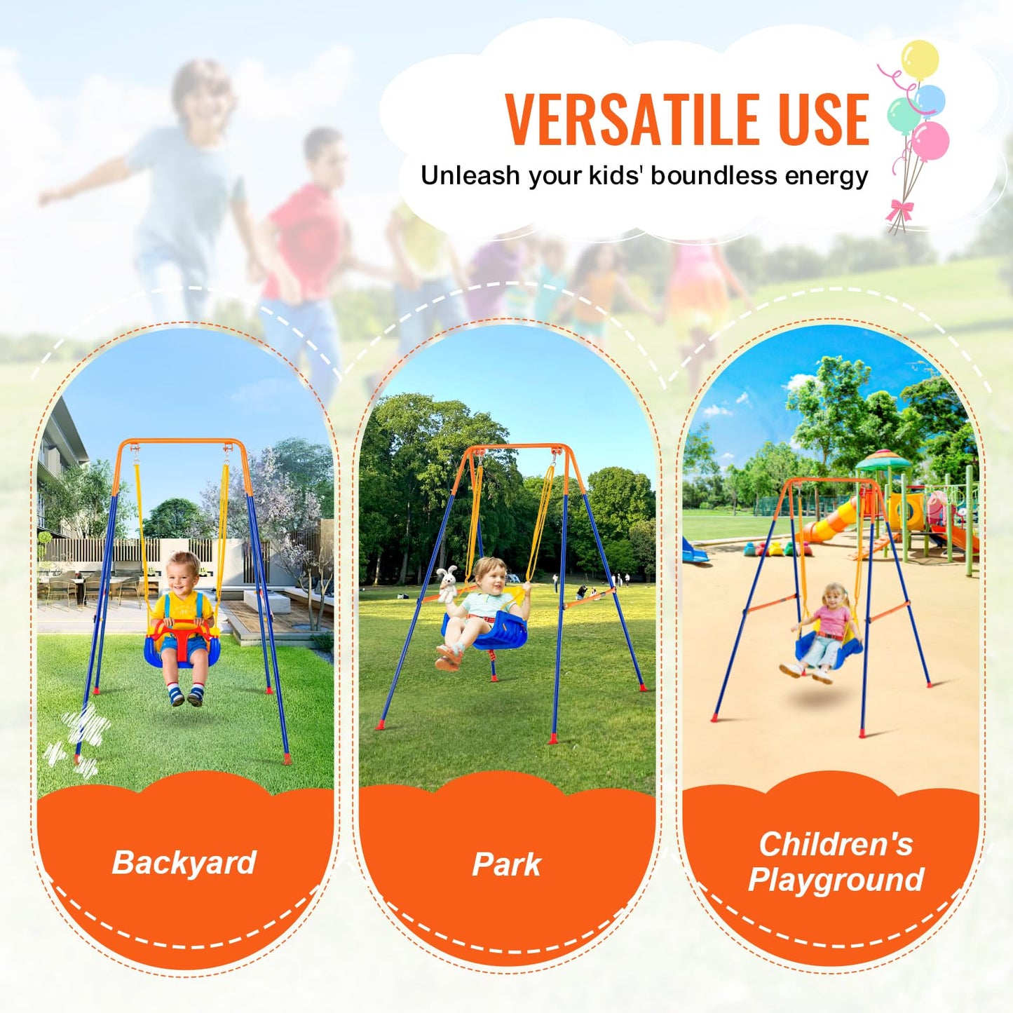 VEVOR Swing Sets for Backyard, 3-in-1 Toddler Swing Set with 4 Sandbags, Foldable Metal Stand, Easy to Assemble, Swingset Indoor/Outdoor for Kids Aged 3+
