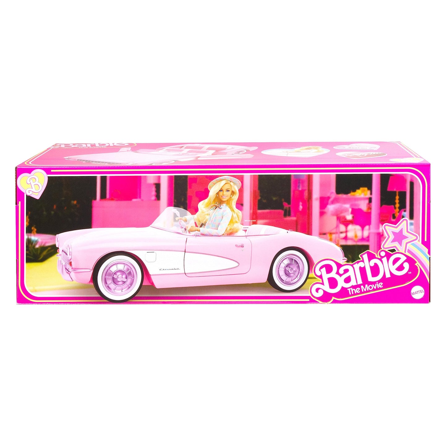 Barbie vintage-inspired pink Corvette convertible with white wall tires and trunk storage, collectible toy car.