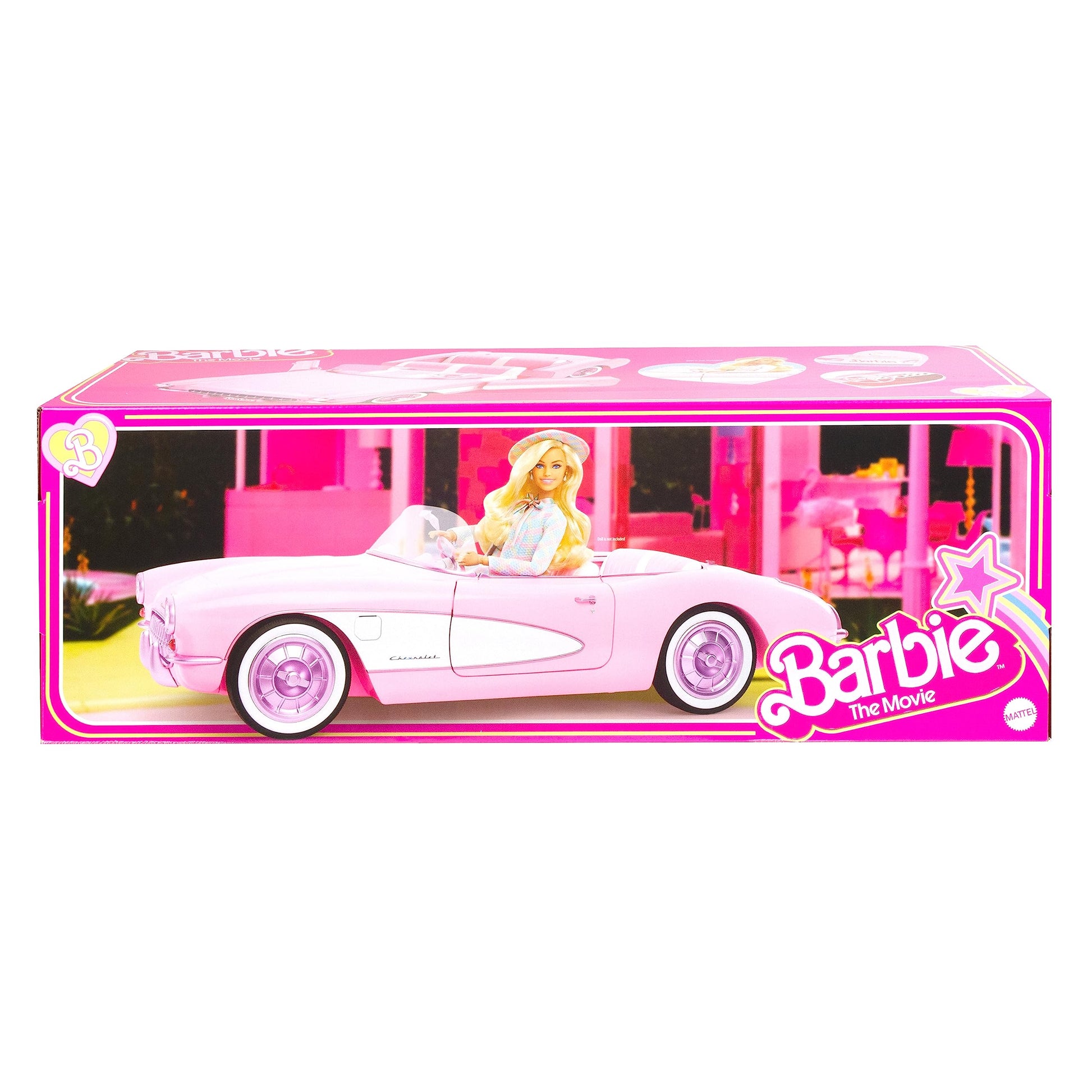 Barbie vintage-inspired pink Corvette convertible with white wall tires and trunk storage, collectible toy car.