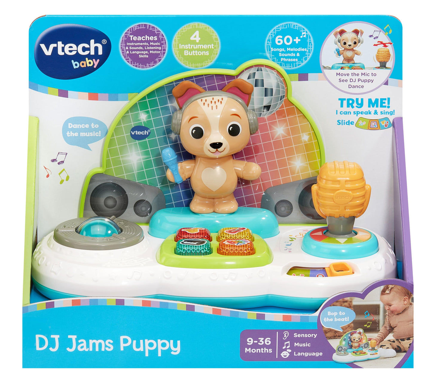 VTech Baby DJ Jams Puppy, Interactive Musical Toy, 60+ Songs and Melodies, Music, Learn & Play Modes, Fun DJ Features, Suitable for Ages 9, 12, 18 Months Plus, English Version