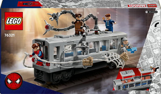 LEGO Marvel Spider-Man vs. Doc Ock subway train scene with 4 minifigures, showcasing action-packed play and display features.