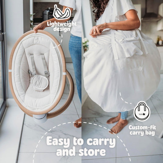 BooBoo Baby swing and bouncer seat with Bluetooth audio, toy bar, remote control, portable design, and built-in sounds.