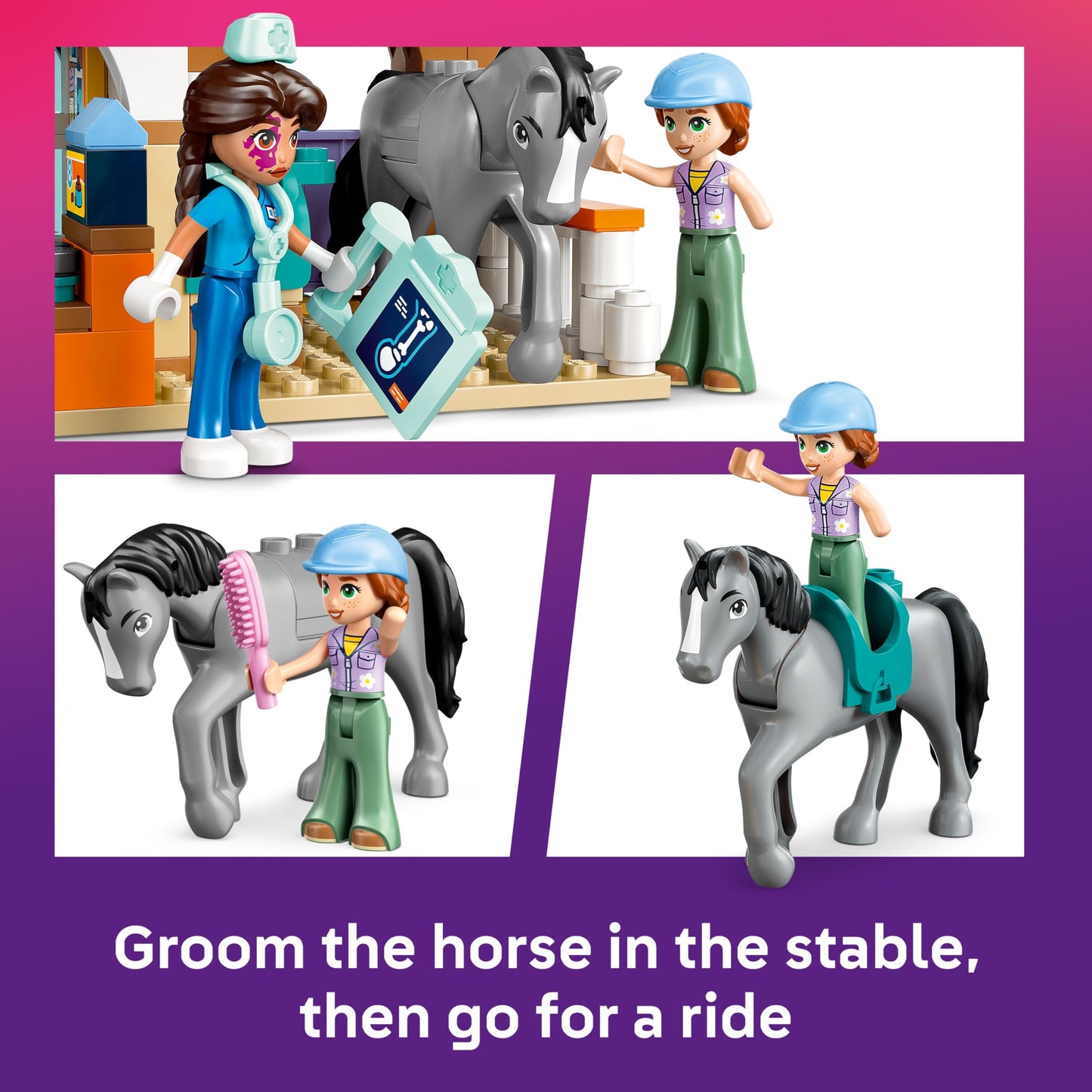 LEGO Friends Horse and Pet Vet Clinic set featuring horse, cat, dog figures, mini dolls, stable, and accessories.