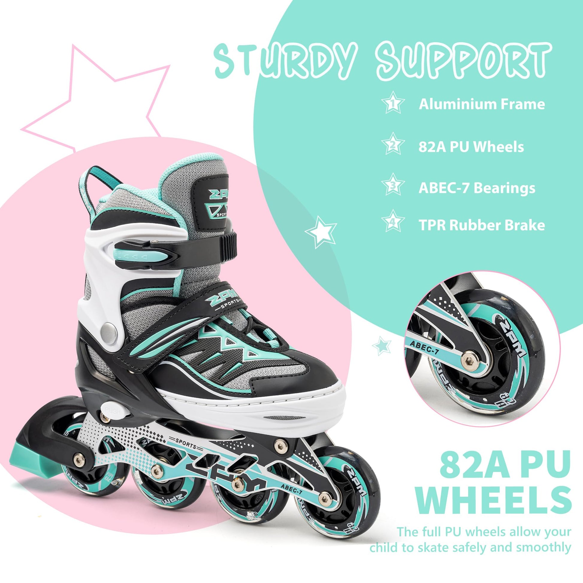 Mint small 2pm Sports adjustable inline skates for boys and girls, stylish beginner roller skates with adjustable fit.
