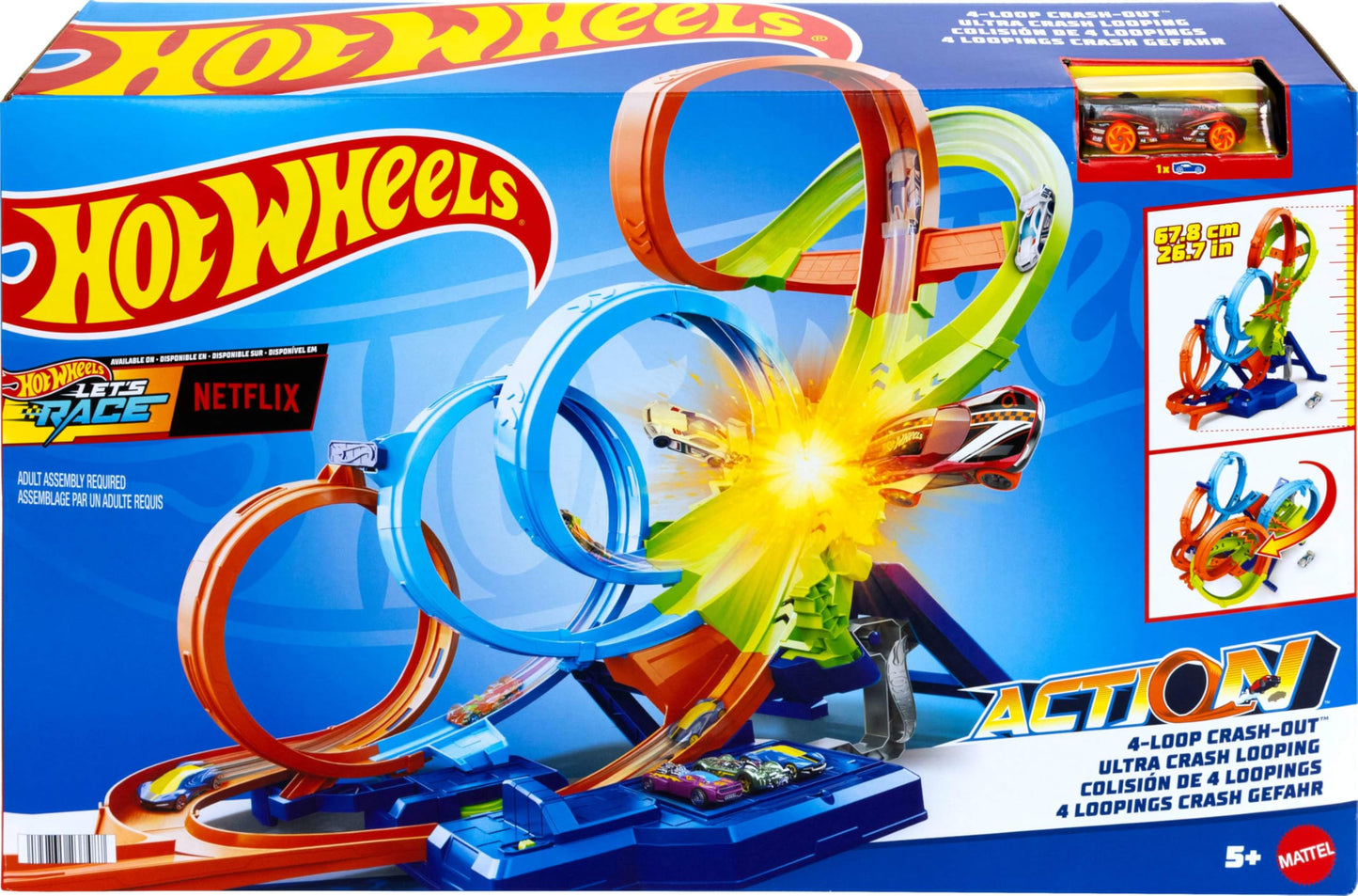 Hot Wheels track set featuring 4 loops, 3-way crash zone, motorized booster, and 1:64 scale toy car for thrilling play.