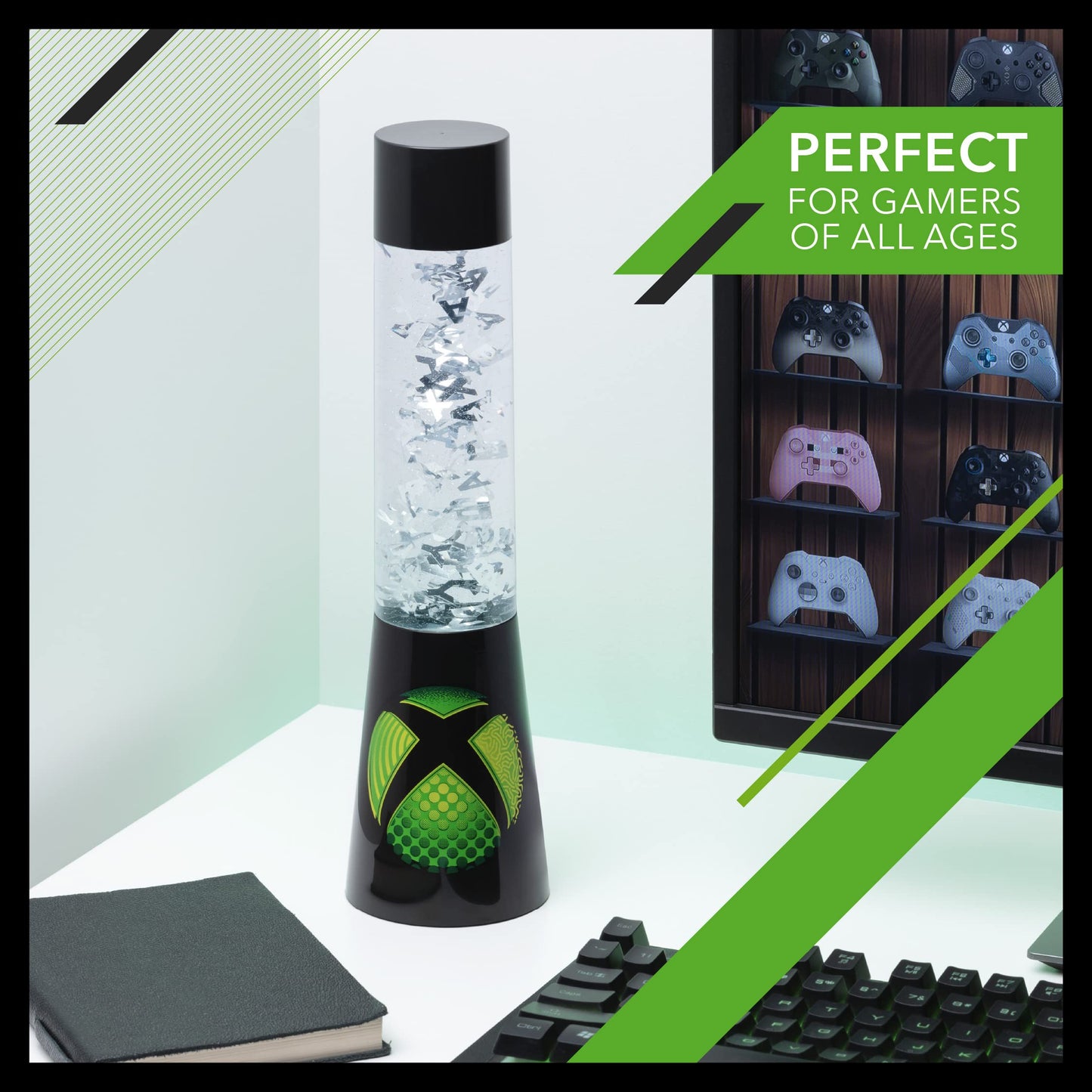 Paladone Xbox Glitter Liquid Flow Lamp with floating controller icons, officially licensed Microsoft game room night light for bedroom decor